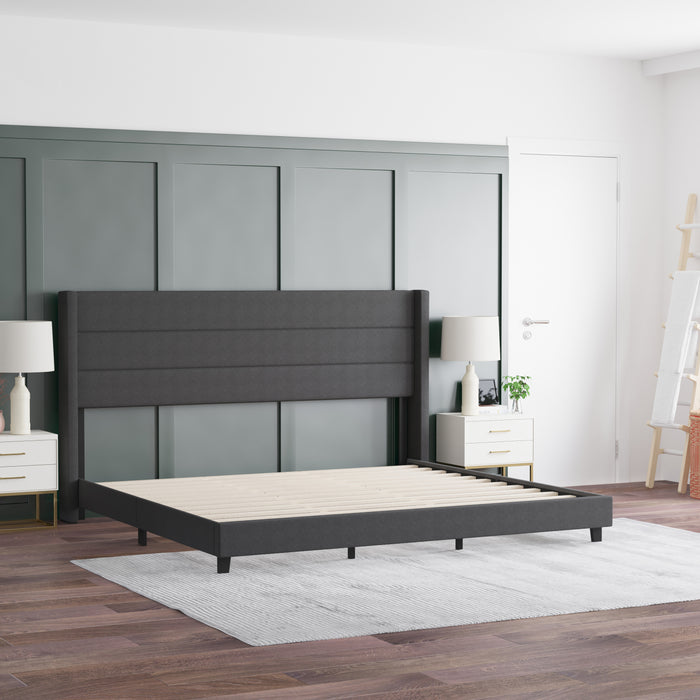 Holt Modern Channel Stitched Upholstered Platform Bed with Wingback Headboard and Wooden Support Slats; No Box Spring Needed