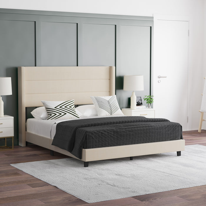 Holt Modern Channel Stitched Upholstered Platform Bed with Wingback Headboard and Wooden Support Slats; No Box Spring Needed