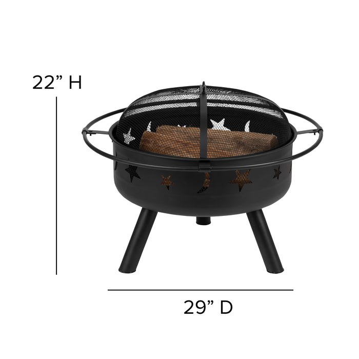 Round Wood Burning Sun & Moon Cutout Outdoor Firepit with Mesh Spark Screen