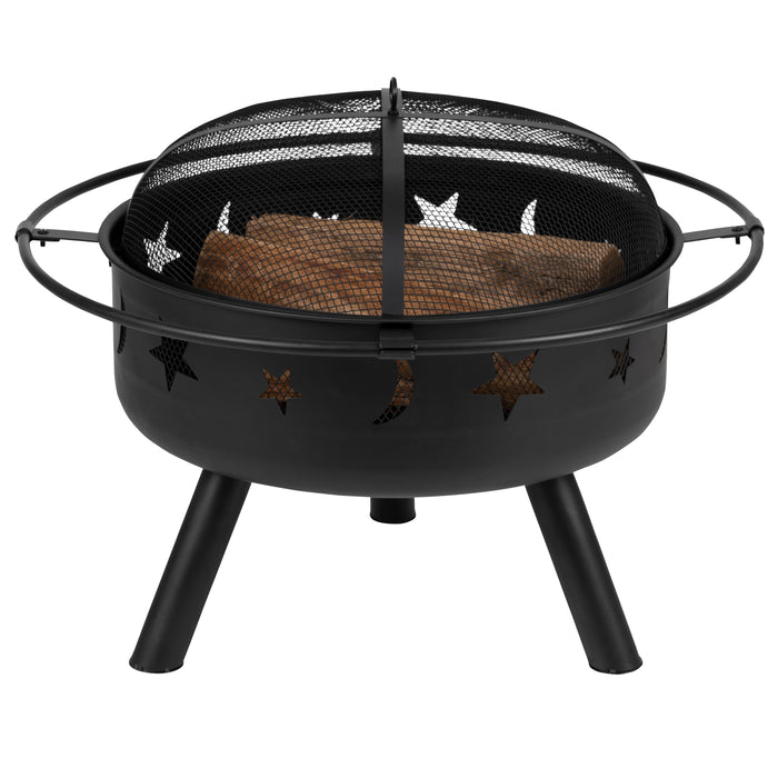 Round Wood Burning Sun & Moon Cutout Outdoor Firepit with Mesh Spark Screen